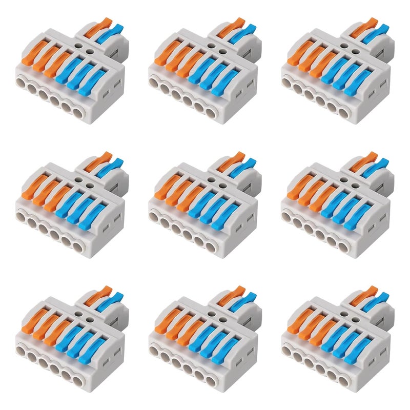 Tugermoola 9PCS Lever Wire Connectors Quick Wiring Cable Connector Electrical Lever Wire Cable Connectors Push-in Conductor Terminal Blocks (2 in 6 Out) - Image 1